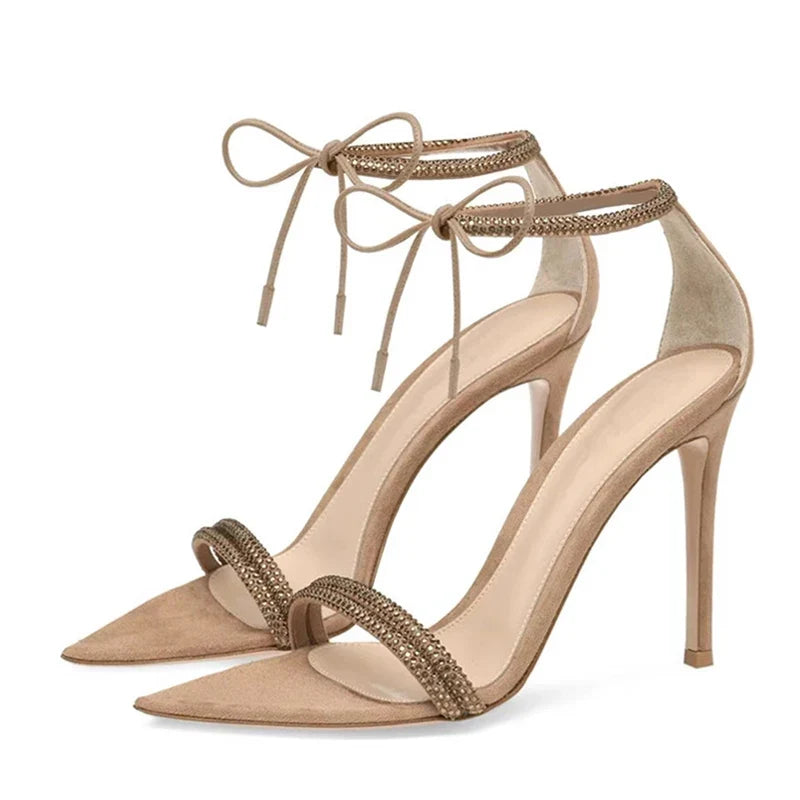Sexy Rhinestone Ankle Strap Lace Up Women 8CM Stiletto Sandals