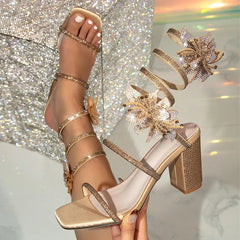 Gold Silver Square Toe Rhinestone Flower Snake Twine Around Party Prom Shoes Elegant High Heels Sandals