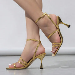 Sexy Snake Print Leather Ankle Strap Gold Sandals