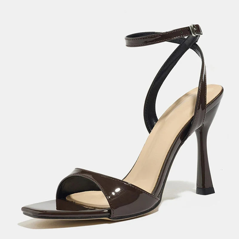 Coffee Brown Patent Leather Ankle Strap High Heeled Sandals