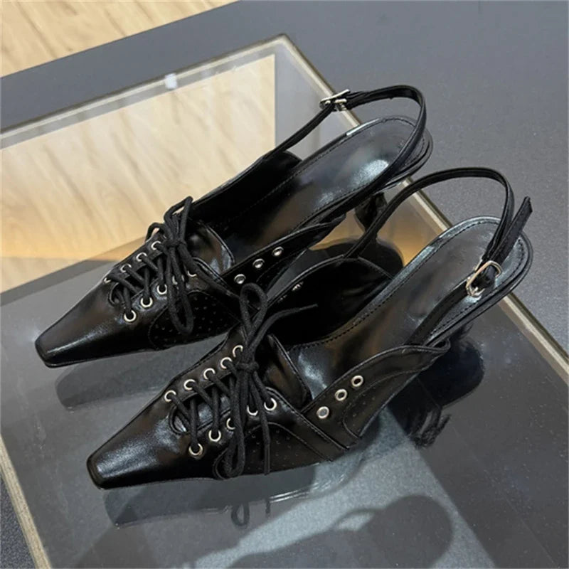 Designer Pointed Toe Thin Low Heels Buckle Strap Women Pumps