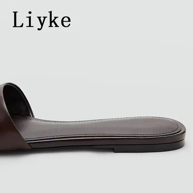 Designer Slides Female Concise Comfortable Leather Square Toe Flat Slippers