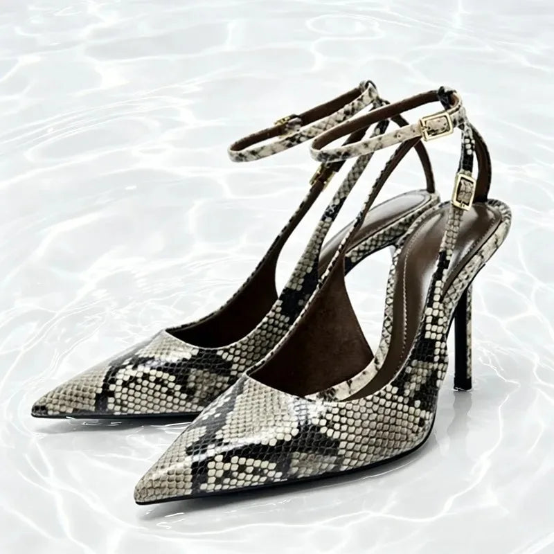 Sexy Snake Print Ankle Strap Buckle Design High Heels