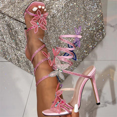 Elegant Women Wedding Banquet Shoes Crystal Butterfly Snake Coiled Strap Sandals