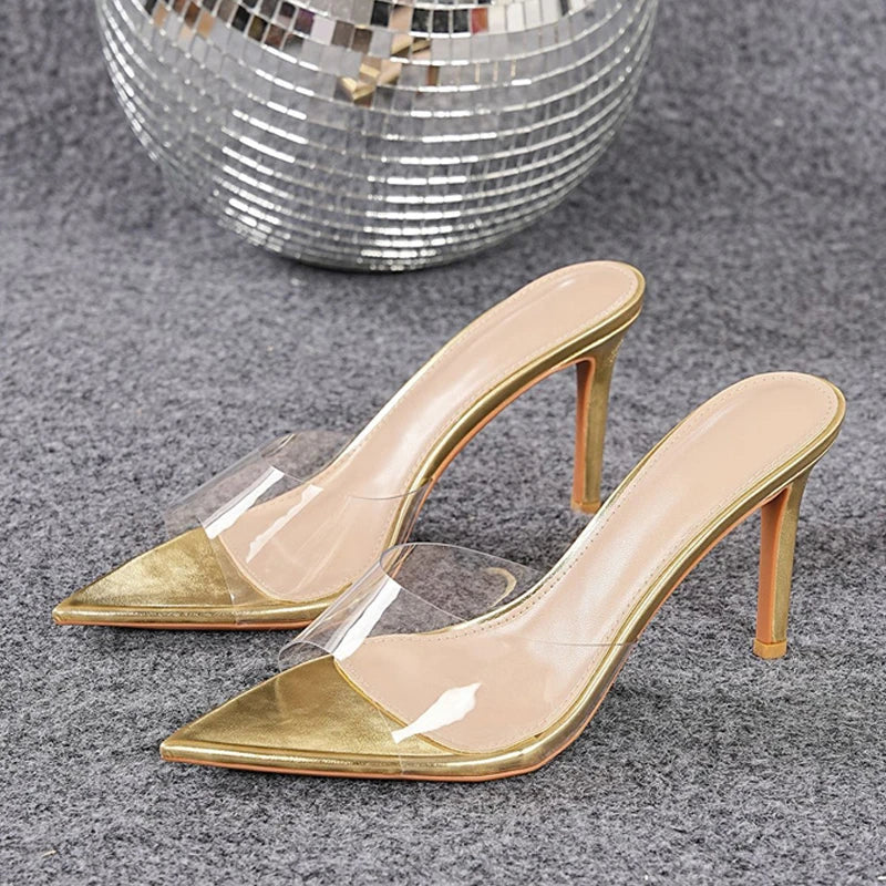Green PVC Transparent Jelly Shoes For Women Sexy Pointed Open Toe Shallow Slider Slippers Ladies Sandals