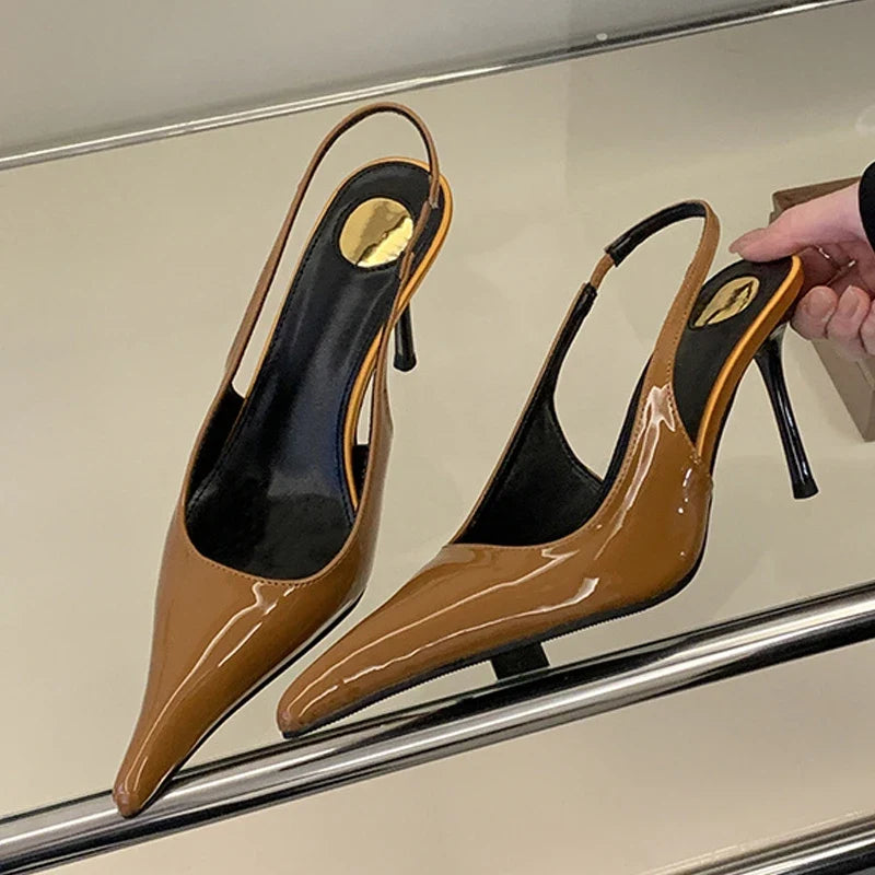 Designer Brown Patent Leather Sexy Pointed Toe Slingback Sandals