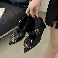 Satin Butterfly-knot Rivet Pointed Toe Pumps