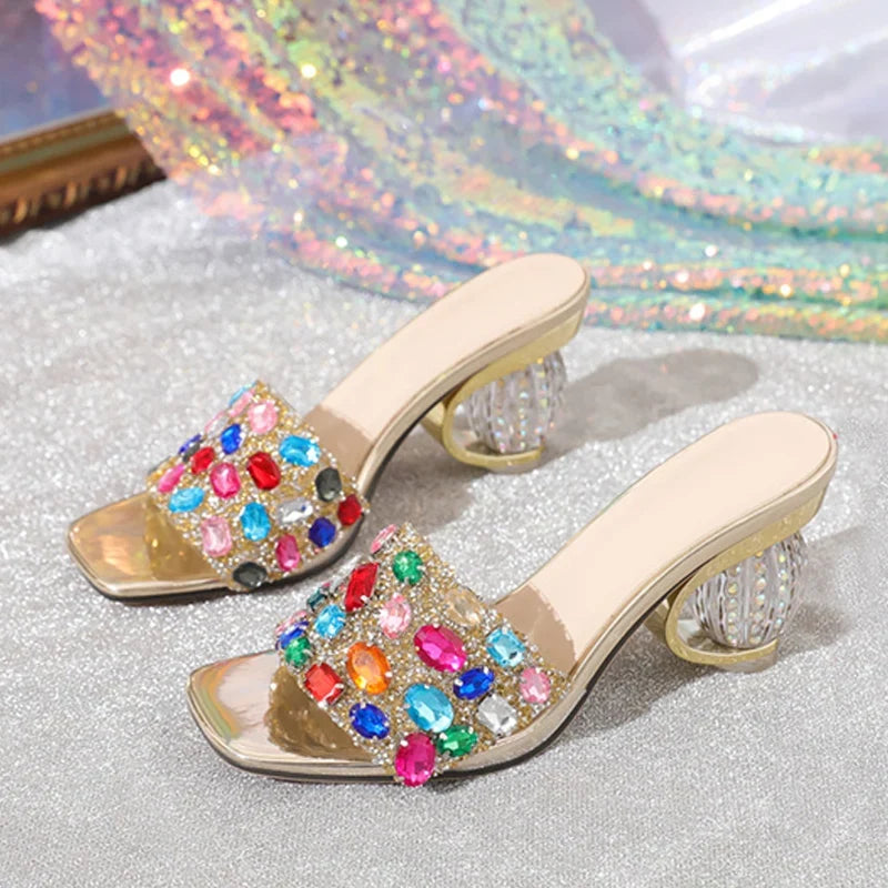 Mixed Color Gem Diamonds Women Strange Transparent Heels Slipper Summer Sandal Sexy Square Toe Dress Shoe