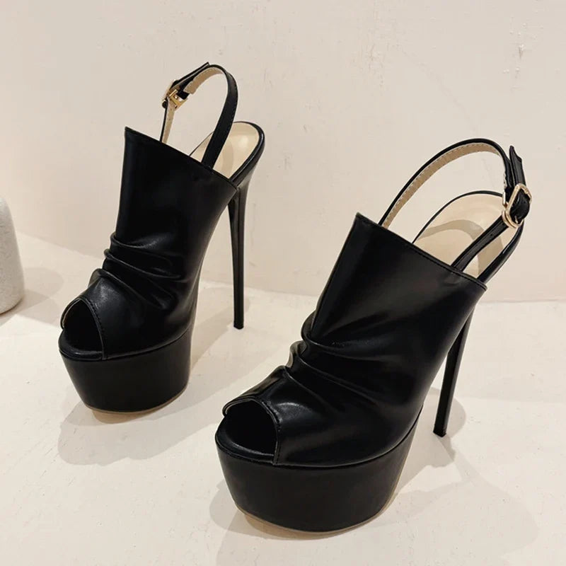 Summer Cozy Pleated Leather Women's Super High Heels Platform Sandals