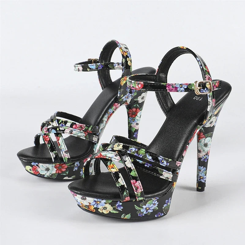 Design Print Leather Narrow Band Women Platform Sandal Sexy Peep Toe Super High Heels Banquet Party Shoes Size 43