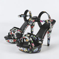 Design Print Leather Narrow Band Women Platform Sandal Sexy Peep Toe Super High Heels Banquet Party Shoes Size 43