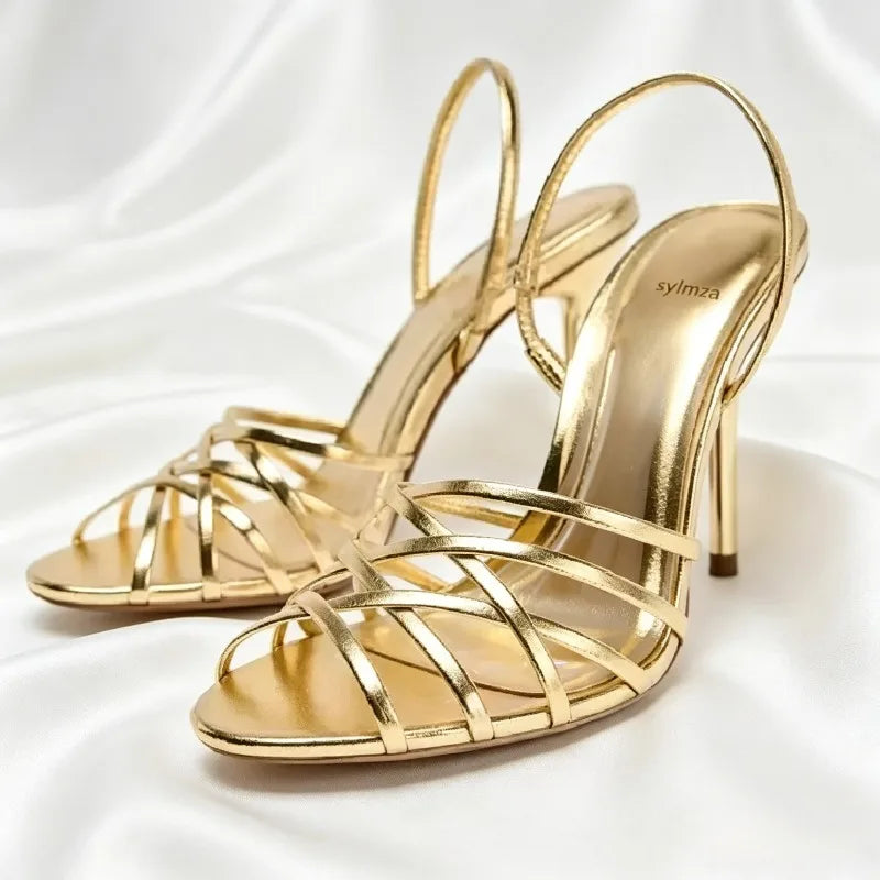 Gold Cross Tied High Heel Sandals