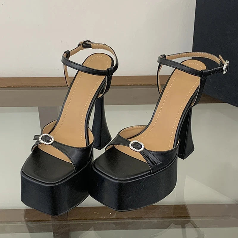 Summer Sexy Thick Bottom Square Toe 16CM Chunky High Heels Wedding Prom Shoe Crystal Buckle Platform Sandals