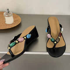 Bohemian Style Colour Gem Strap Designer Slides Women Clip Toe Wedge Slipper