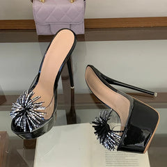 Design Rhinestone Flower Open Toe Show Platform High Heels Transparent Slippers