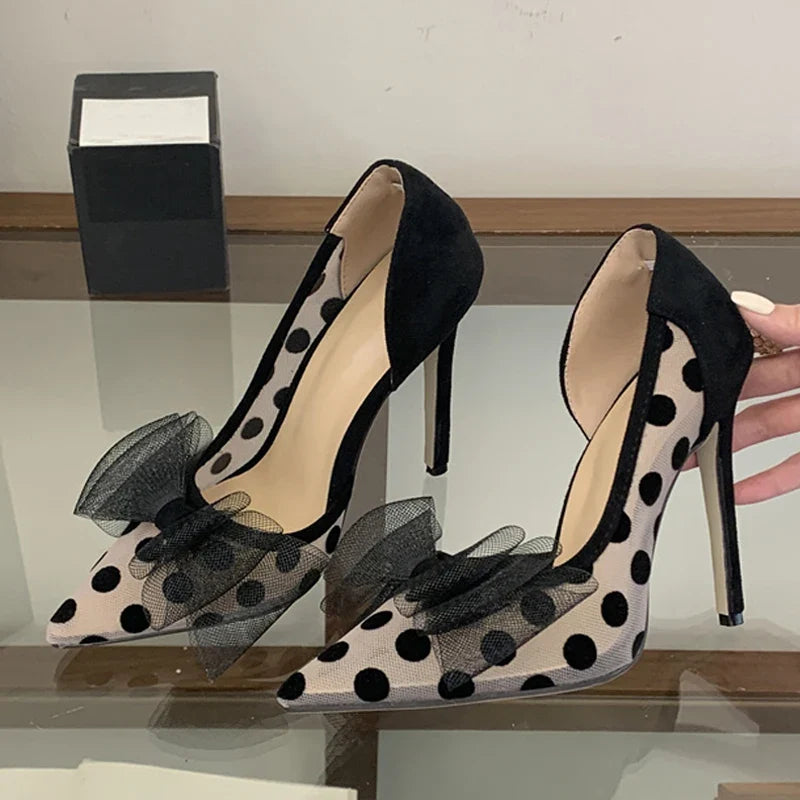 Red Butterfly Knot Pointed Toe Slingback High Heels Wedding Prom Shoes Polka Dot Mesh Pumps