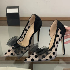 Red Butterfly Knot Pointed Toe Slingback High Heels Wedding Prom Shoes Polka Dot Mesh Pumps
