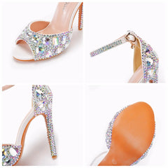 Summer round-toed fish mouth mesh bow crystal wedding shoes banquet dress large size thin high-heeled women's sandals