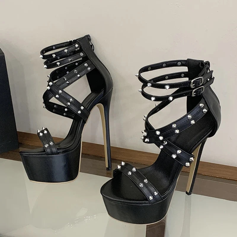 Design Metal Rivet Ankle Zip Cover Strap Women Platform High Heels Sandals