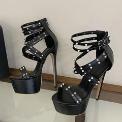 Design Metal Rivet Ankle Zip Cover Strap Women Platform High Heels Sandals