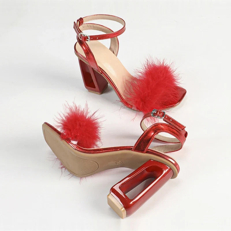 Arrivals Red Furry Feathers Sandals