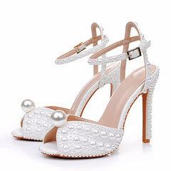 High Quality Handmade Pearl Thin Heels Sexy Ankle Strap White Sandals