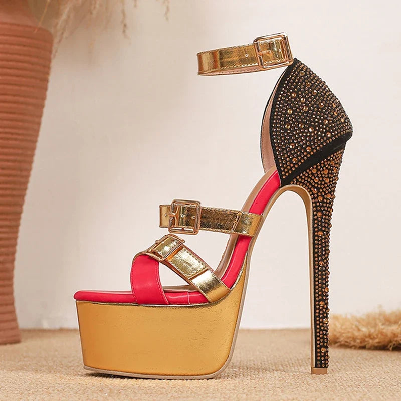 Runway Crystal Rhinestone High Heels Wedding Banquet Shoes Sexy Open Toe Buckle Strap Women Platform Sandals
