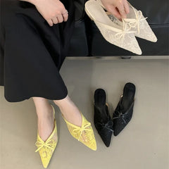 Sweet Bow Embroidered Flower Low Heel