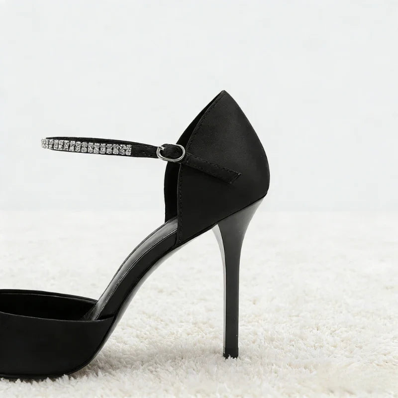 Black Pointed-Toe Satin High Heels