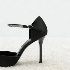 Black Pointed-Toe Satin High Heels