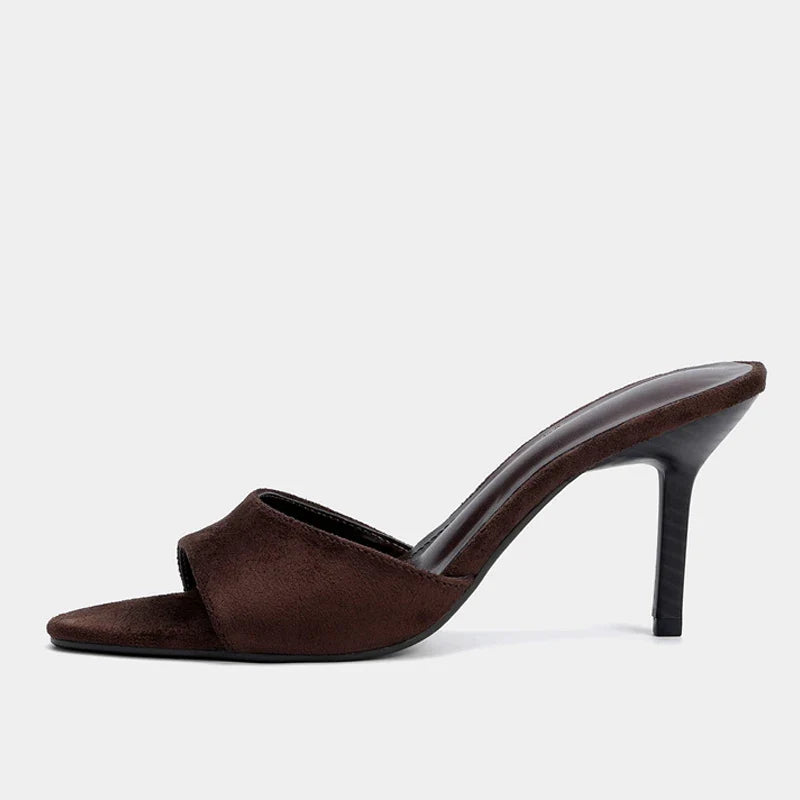 Designer Retro Brown Suede Women Slipper Sandal Round Open Toe Thin High Heels Mule Slides Summer Party Dress Shoe