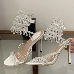 Elegant Women Wedding Banquet Shoes Crystal Pendant Ankle Strap Stiletto Sandal Sexy Open Toe Stripper Heels White
