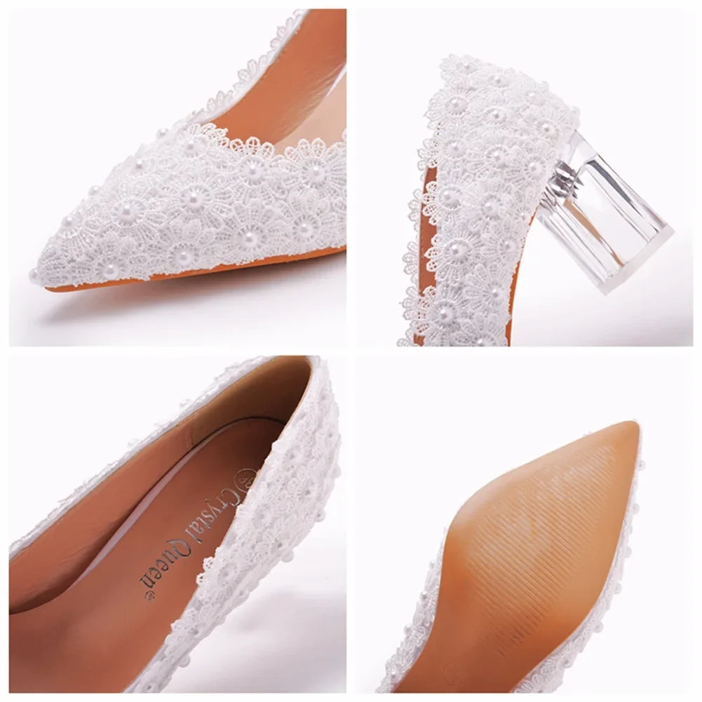 Spring pointed pearl lace flower transparent thick heel