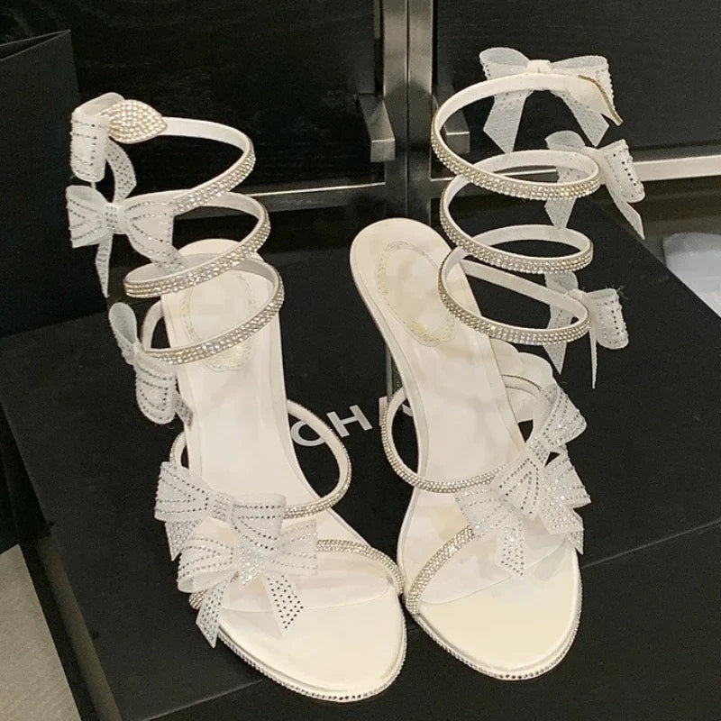 Shiny Rhinestone Bow Decorated Heeled Sandals