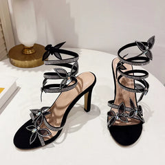 Crystal Butterfly Open Toen Thin High Heels Rhinestone Snake Coiled Ankle Strap Sandals