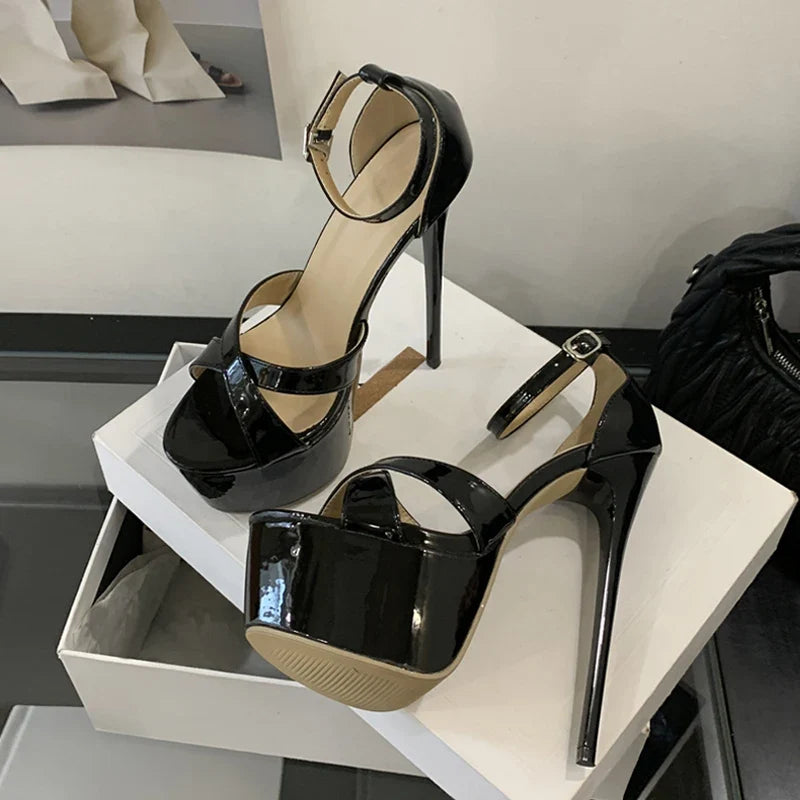 Black Patent Leather Women Sexy Fetish Sandals