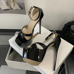 Black Patent Leather Women Sexy Fetish Sandals