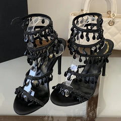 Elegant Women Wedding Banquet Shoes Crystal Pendant Ankle Strap Stiletto Sandal Sexy Open Toe Stripper Heels White