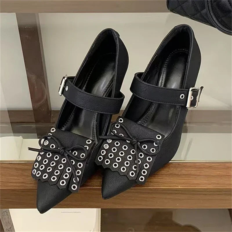 Satin Butterfly-knot Rivet Pointed Toe Pumps