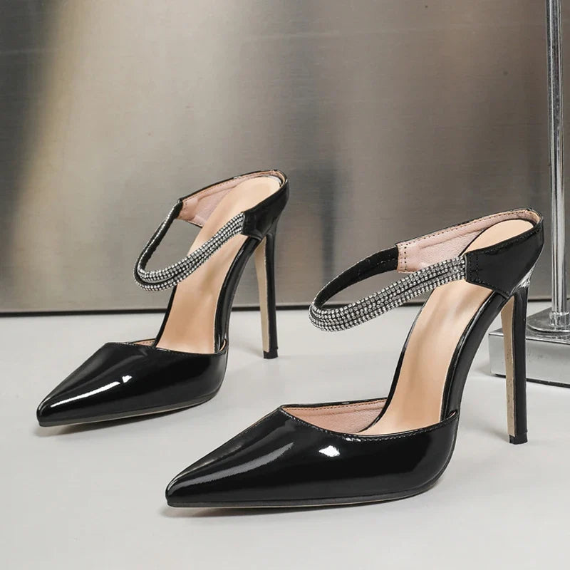 Black Apricot Patent Leather High Heels Mules Slippers Crystal Rhinestone Strap Designer Shoes Women Pumps