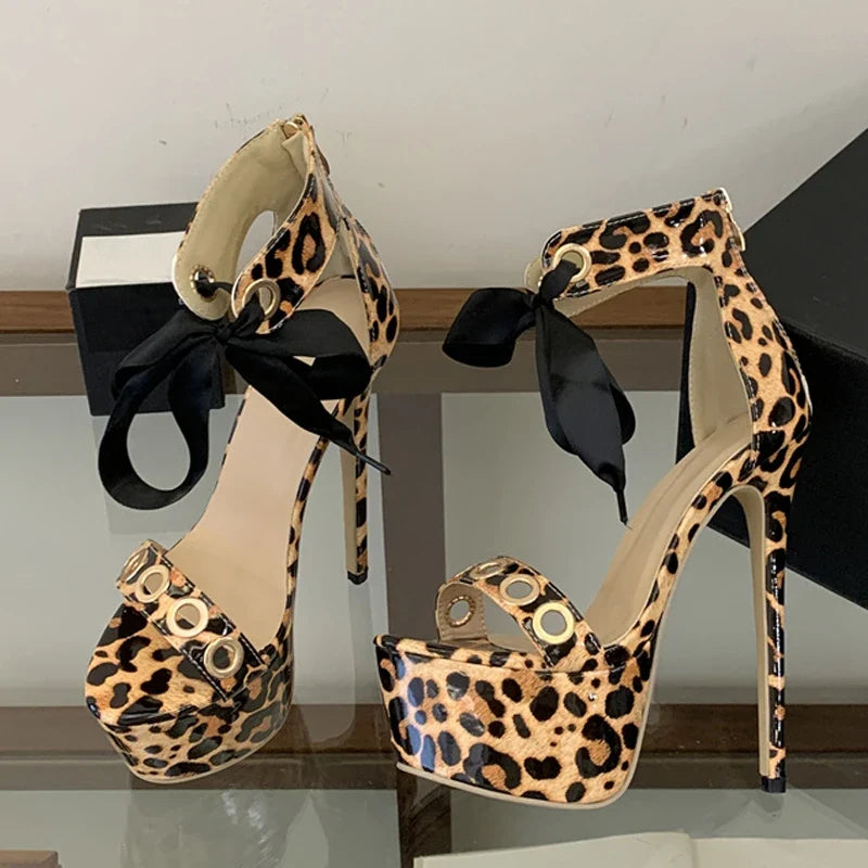 Hollow Out Metal Strap Sexy Leopard Print Platform Sandals