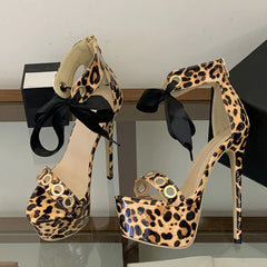 Hollow Out Metal Strap Sexy Leopard Print Platform Sandals