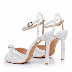 High Quality Handmade Pearl Thin Heels Sexy Ankle Strap White Sandals