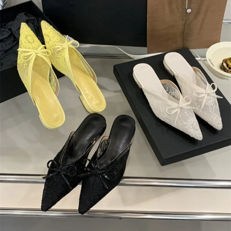 Sweet Bow Embroidered Flower Low Heel