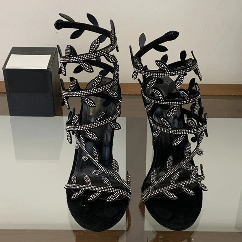 Summer Crystal Leaf Ankle Snake Twine Around Strap Sandals
