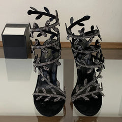 Summer Crystal Leaf Ankle Snake Twine Around Strap Sandals