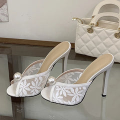 Handmade Embroidery Flower Mesh Women's Thin Heeled Slippers White Pearl Designer Slides Sandals