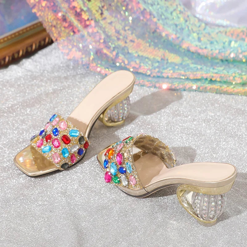 Mixed Color Gem Diamonds Women Strange Transparent Heels Slipper Summer Sandal Sexy Square Toe Dress Shoe