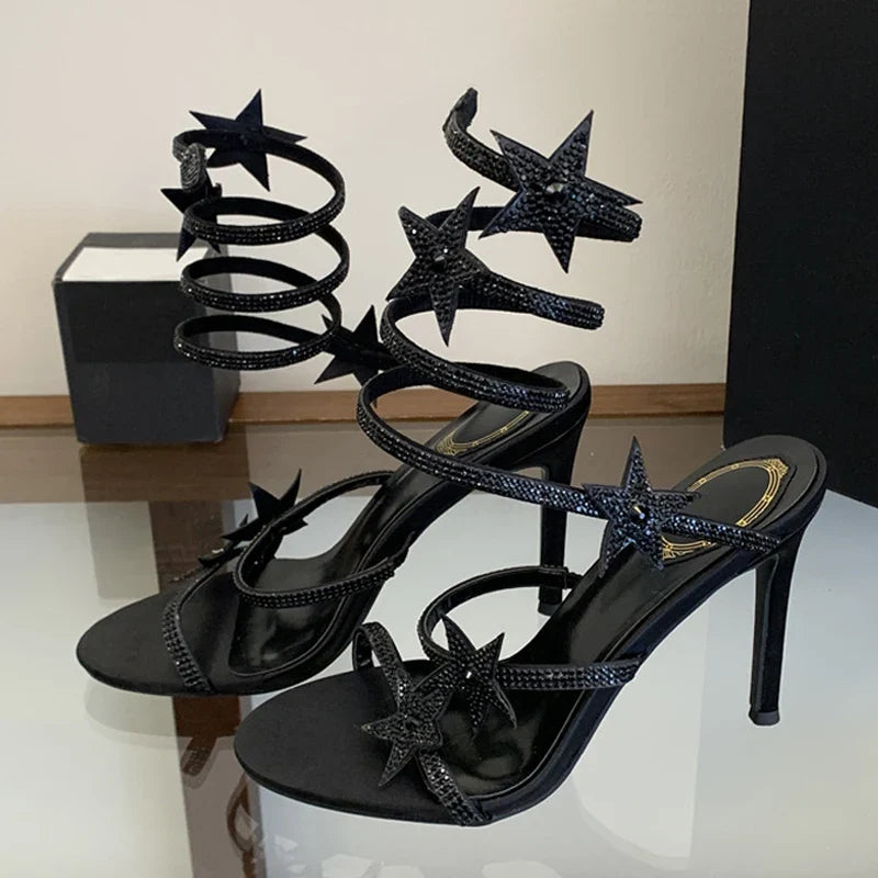 Rhinestone Pentagram Shape Ankle Strap Sandals
