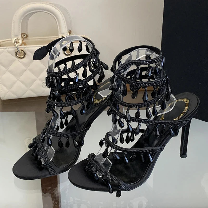 Elegant Women Wedding Banquet Shoes Crystal Pendant Ankle Strap Stiletto Sandal Sexy Open Toe Stripper Heels White